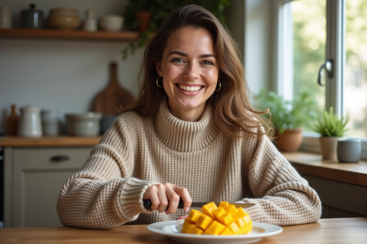 Femme souriante coupe une mangue dans une cuisine chaleureuse