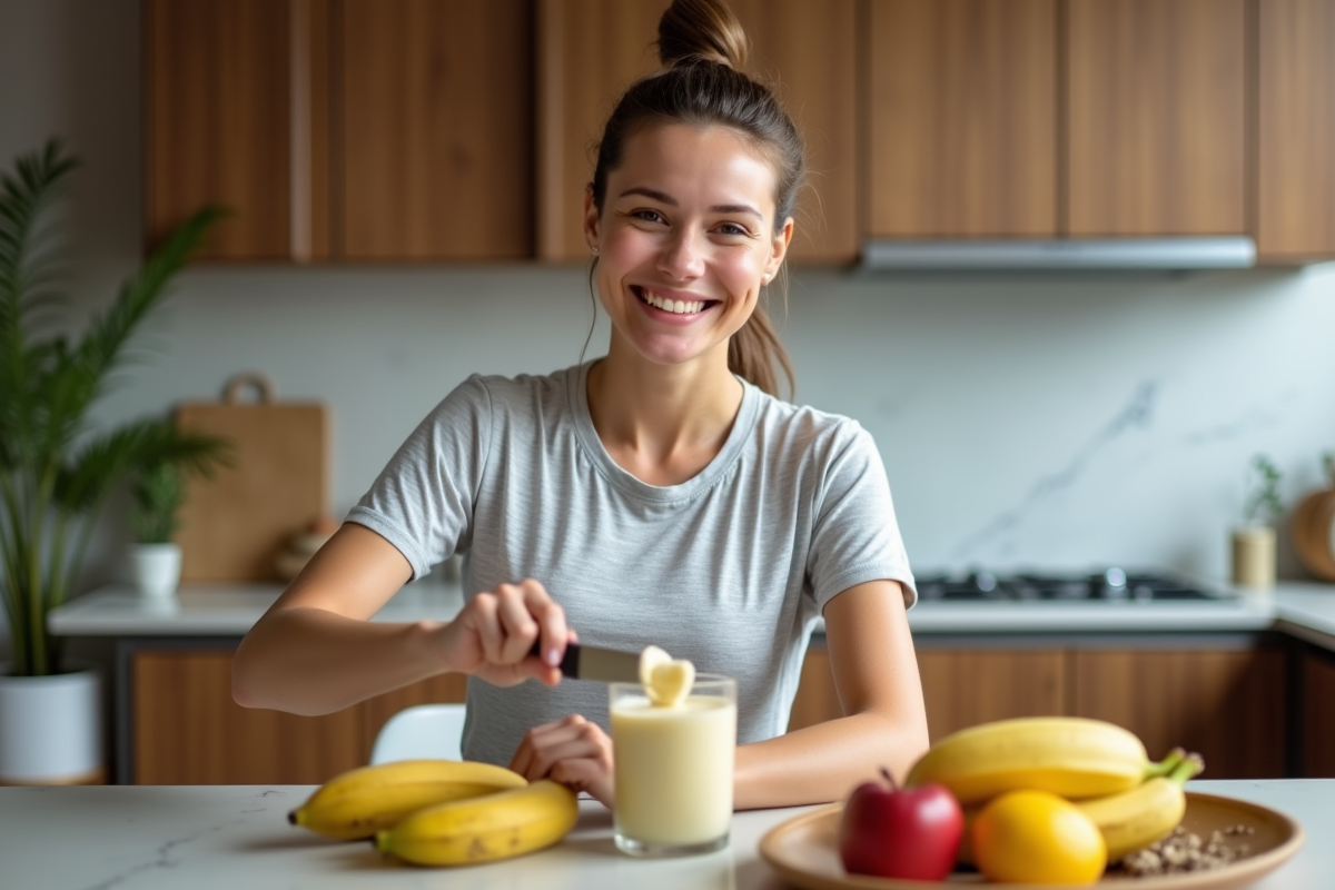Femme souriante préparant un smoothie à la banane dans la cuisine