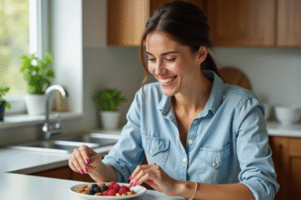 Femme souriante préparant une collation saine dans la cuisine