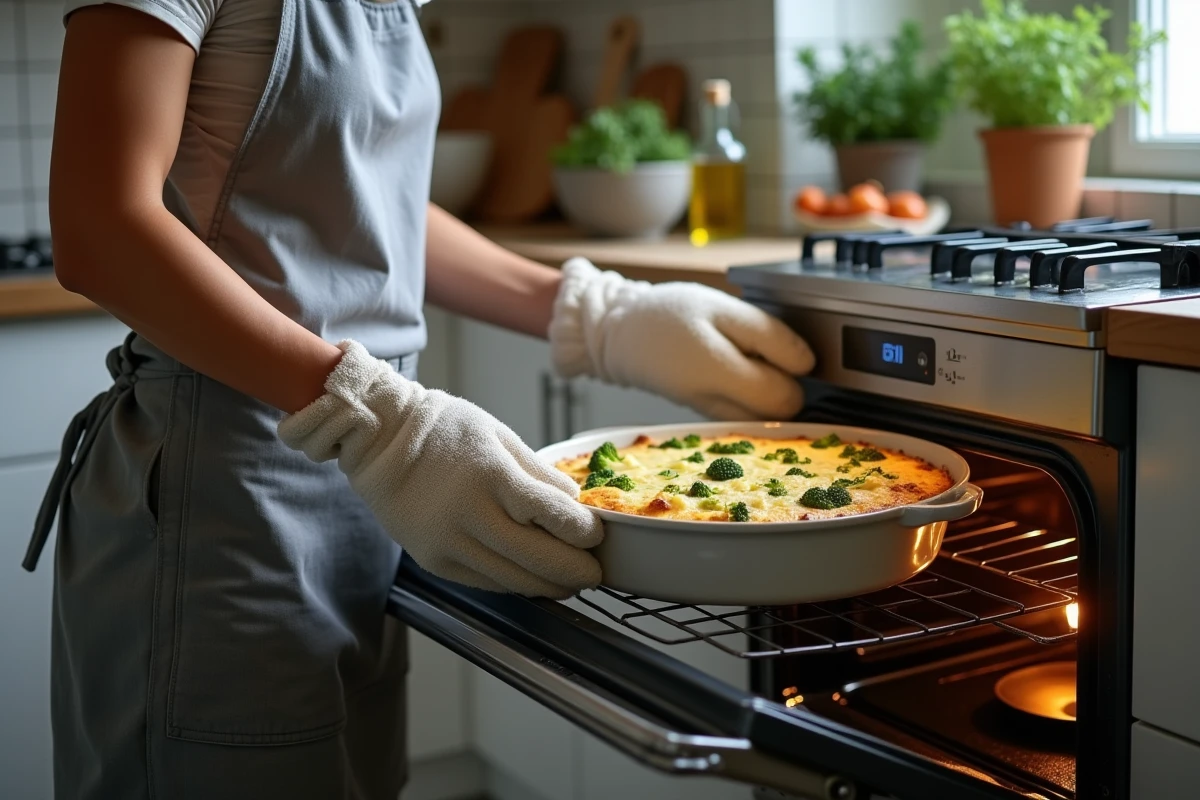 Femme sortant un gratin de brocolis au fromage de chèvre du four dans une cuisine familiale moderne
