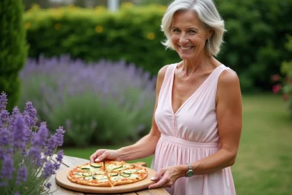Femme souriante arrangeant une pizza courgette en extérieur
