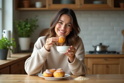 Femme souriante dégustant un beignet à la banane dans la cuisine