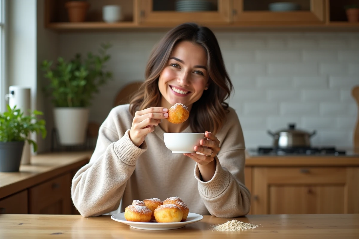 Femme souriante dégustant un beignet à la banane dans la cuisine