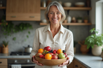 Femme souriante avec bol de fruits frais dans la cuisine
