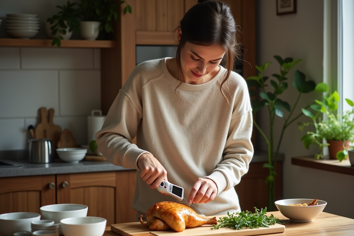 Femme tranchant un poulet avec un thermomètre en cuisine