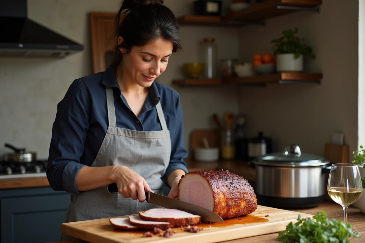 Femme tranchant un rôti de porc juteux sur une planche en bois dans une cuisine familiale avec un Cookeo en arrière-plan