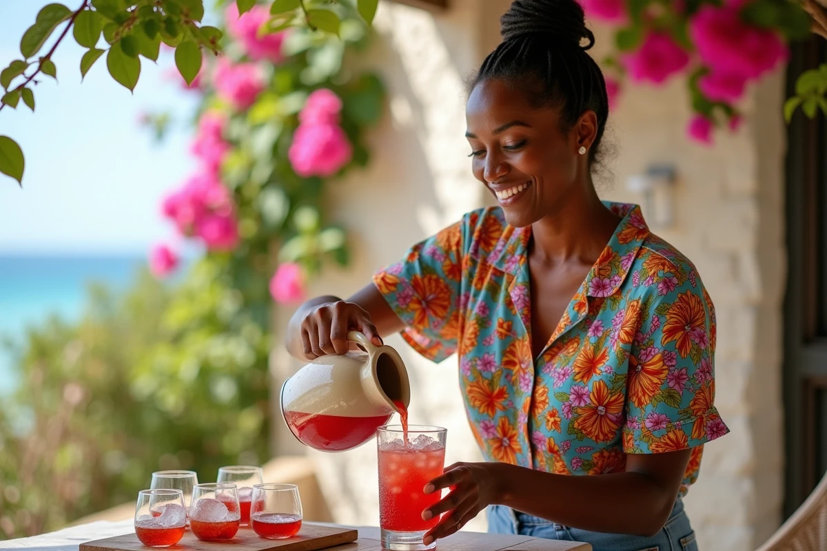 Femme antillaise versant un verre de punch maison sur une terrasse tropicale avec bougainvilliers et vue sur la mer