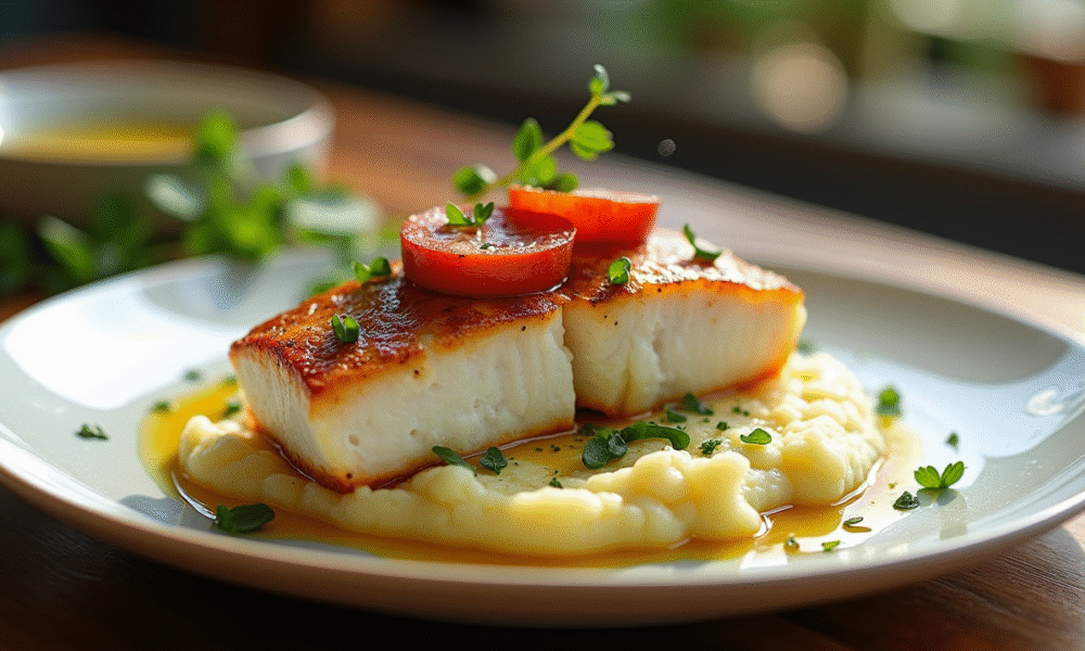 Filet de cod cuit avec chorizo sur purée crémeuse