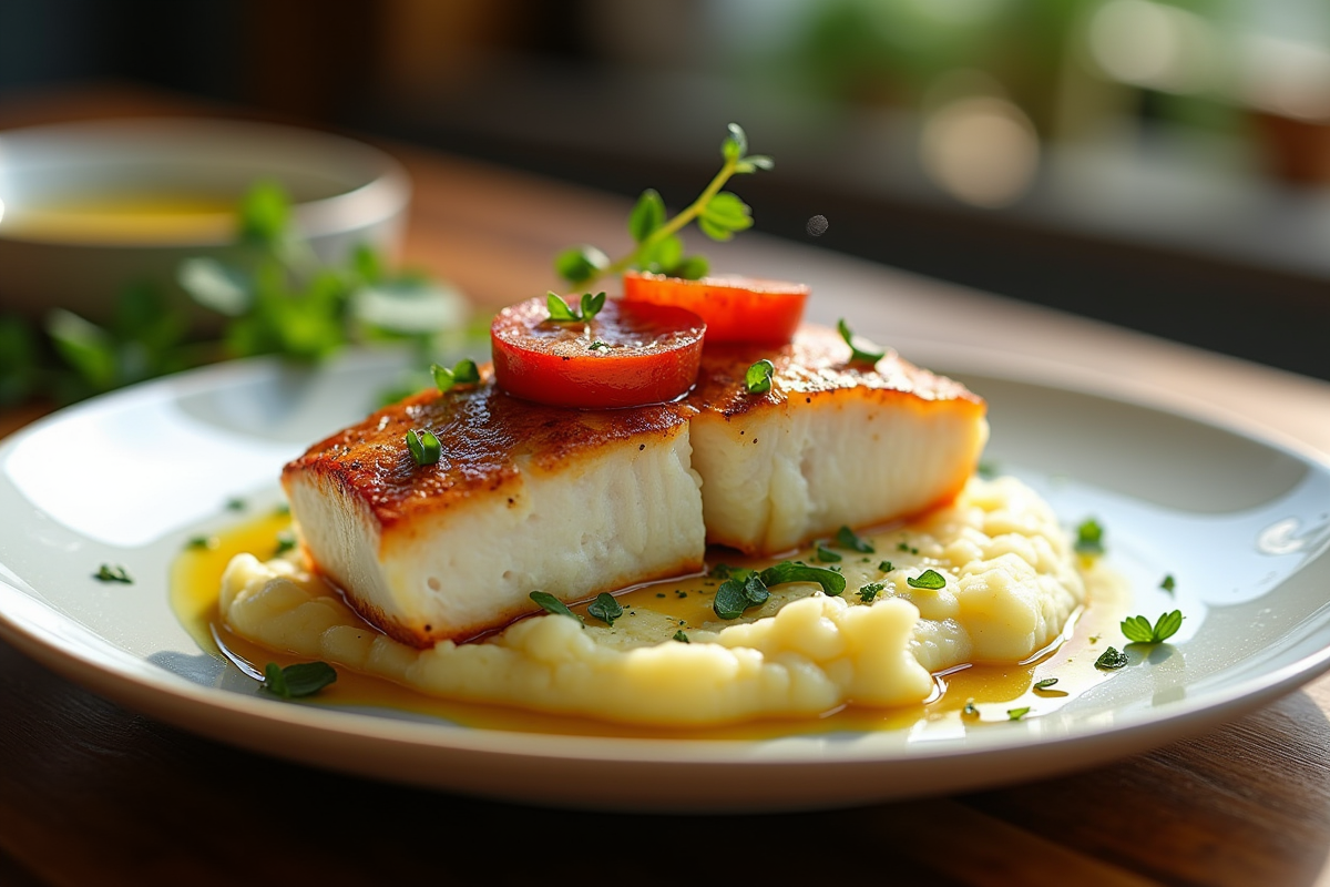 Filet de cod cuit avec chorizo sur purée crémeuse