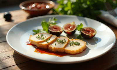Assiette de foie gras tranché avec figues et herbes fraîches