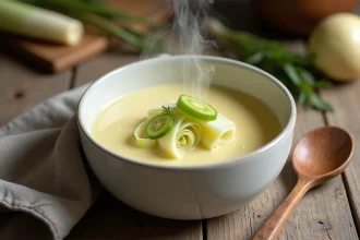 Fondue de poireaux crémeuse servie dans un bol en céramique blanche sur une table en bois rustique