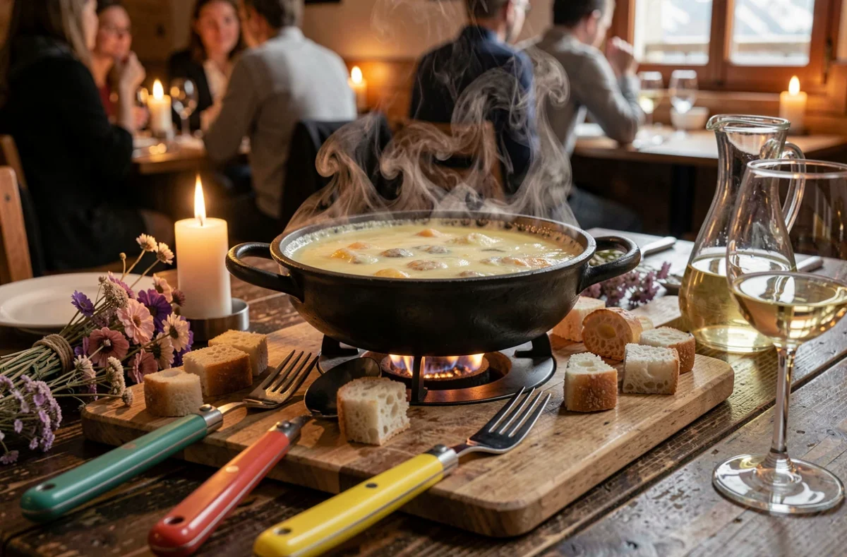 Fondue savoyarde au comté et beaufort dans un caquelon traditionnel accompagnée de pain croustillant et vin blanc, sur une table en bois dans un restaurant de montagne