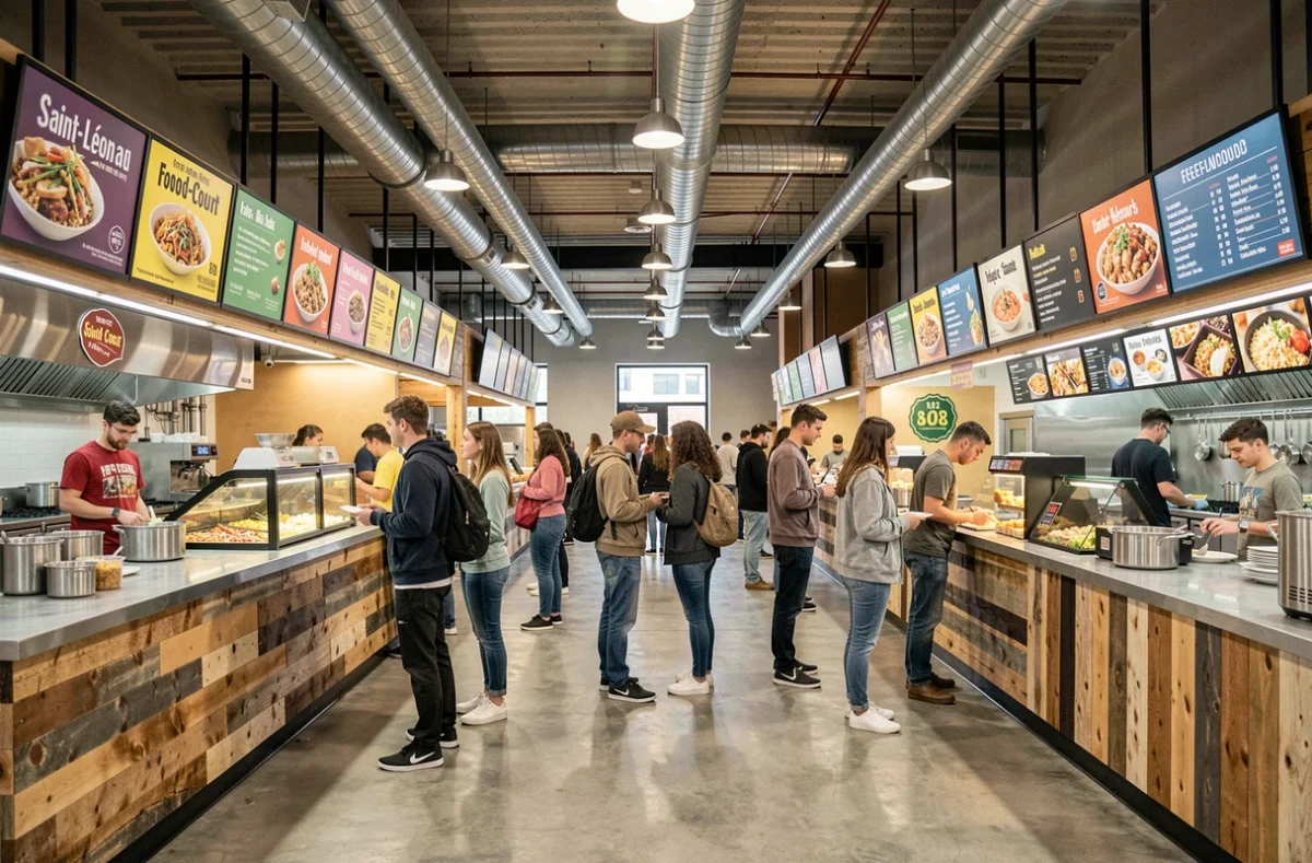 Intérieur moderne et animé du food court 8.83 à Saint-Léonard avec stands culinaires et tables communes