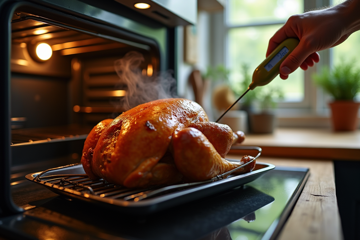 Four moderne avec poulet rôti vérifié avec un thermomètre