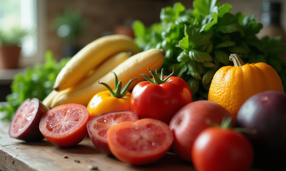 Arrangement de fruits et legumes français avec jicama et prune japonaise