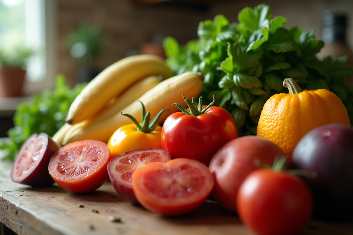 Arrangement de fruits et legumes français avec jicama et prune japonaise