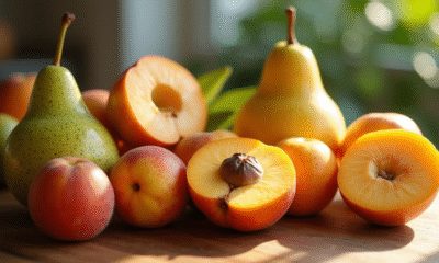 Variété de fruits frais avec N comme nectarines et nashi sur une table en bois