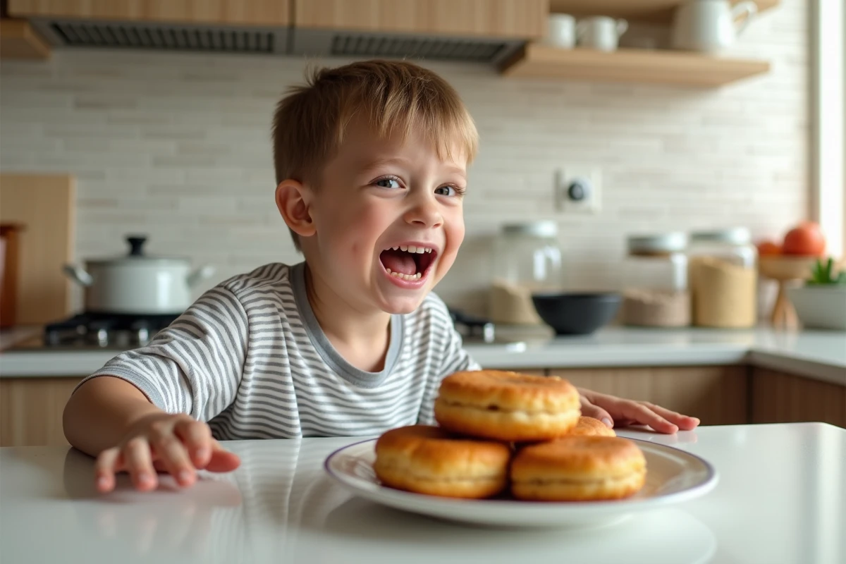 Garçon de 10 ans attrapant un beignet à la banane dans la cuisine