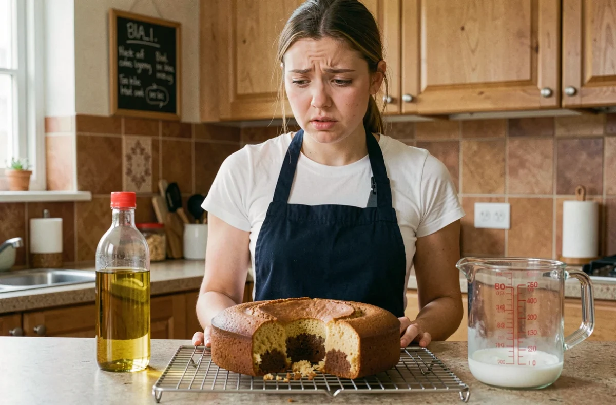 Jeune femme regardant un gâteau raté à cause d'une mauvaise conversion de centilitres en grammes dans une cuisine chaleureuse