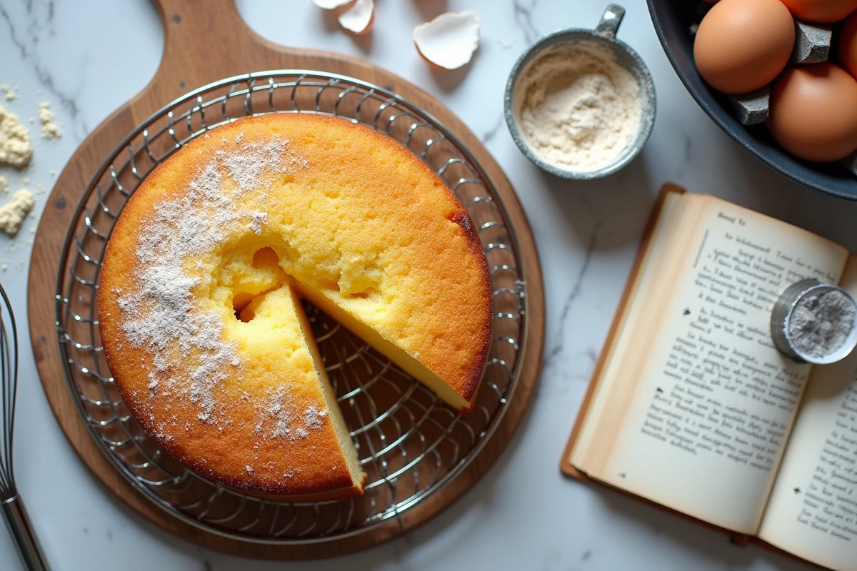 Vue de dessus d'un gâteau raté avec texture caoutchouteuse entouré de coquilles d'œufs et d'ustensiles de cuisine