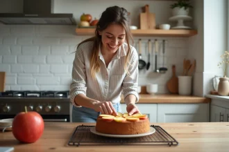 Femme souriante préparant un gâteau aux pommes dans la cuisine