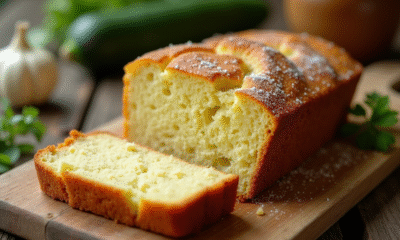 Gâteau de courgette et chèvre tranché sur table en bois