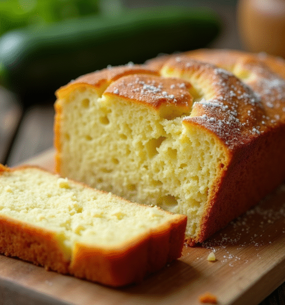 Gâteau de courgette et chèvre tranché sur table en bois