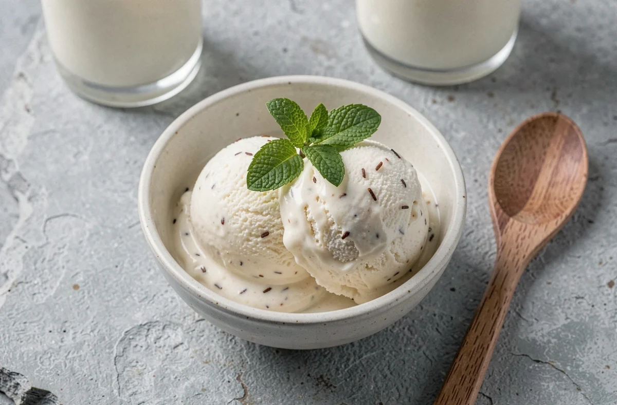 Deux boules de glace maison au lait végétal servies dans un bol en céramique avec une feuille de menthe fraîche
