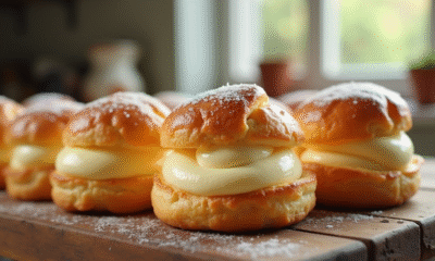 Choux à la crème dorés sur une table en bois rustique