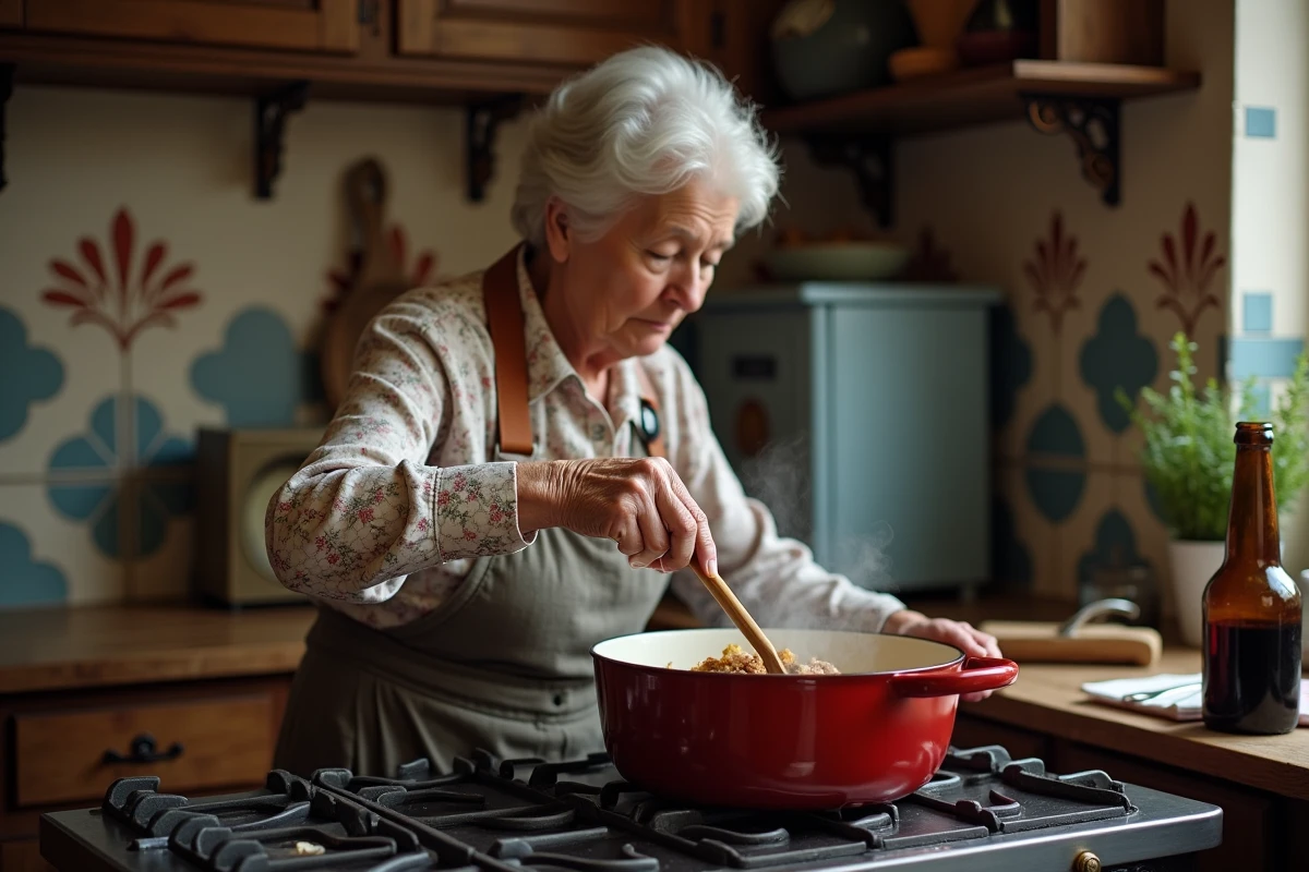 Grand-mère préparant une carbonade flamande traditionnelle dans sa cuisine de ferme belge rustique