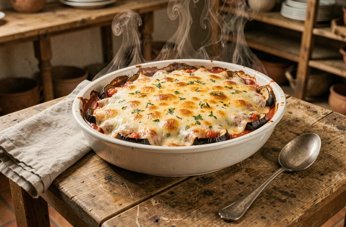 Gratin d'aubergines doré et fondant dans un plat en céramique rustique sur une table en bois, recette du dimanche