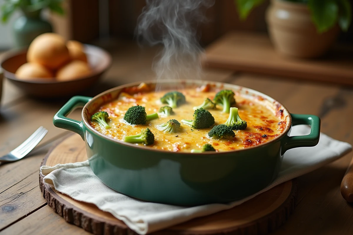 Gratin de brocolis au fromage de chèvre doré dans un plat en céramique sur une table en bois rustique