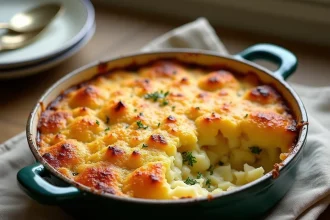 Gratin de chou-fleur et pomme de terre doré et croustillant dans un plat en céramique rustique sur une table en bois