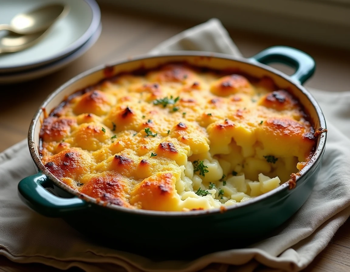 Gratin de chou-fleur et pomme de terre doré et croustillant dans un plat en céramique rustique sur une table en bois