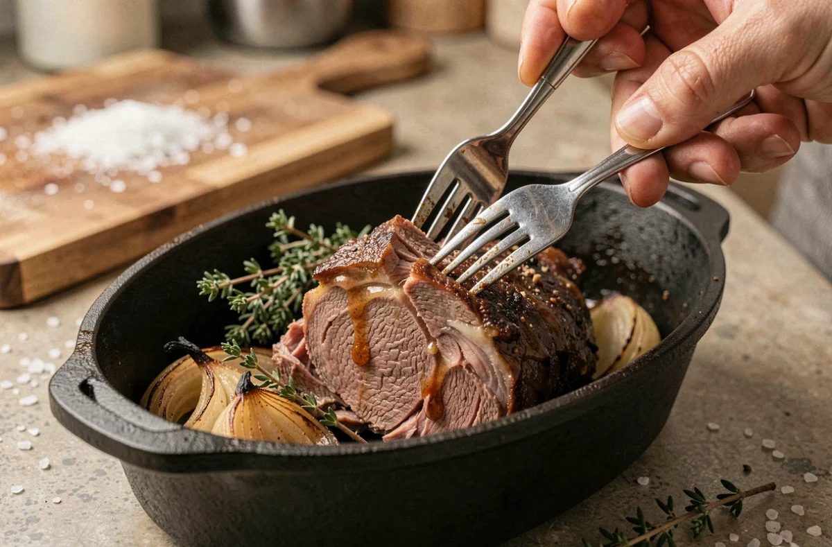 Gros plan sur l'épaule d'agneau effilochée tirée à la fourchette avec des légumes confits dans une cocotte en fonte