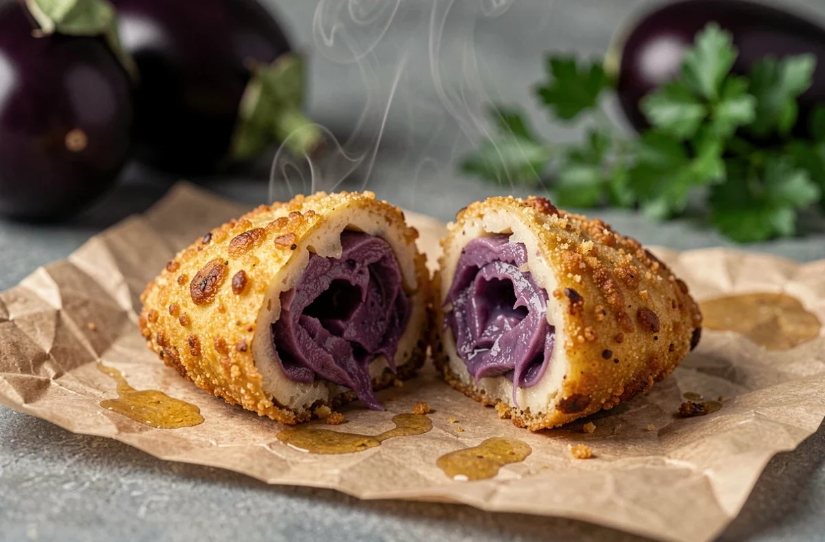 Gros plan d'un beignet d'aubergine coupé en deux révélant la chair tendre et la croûte dorée croustillante sur papier sulfurisé