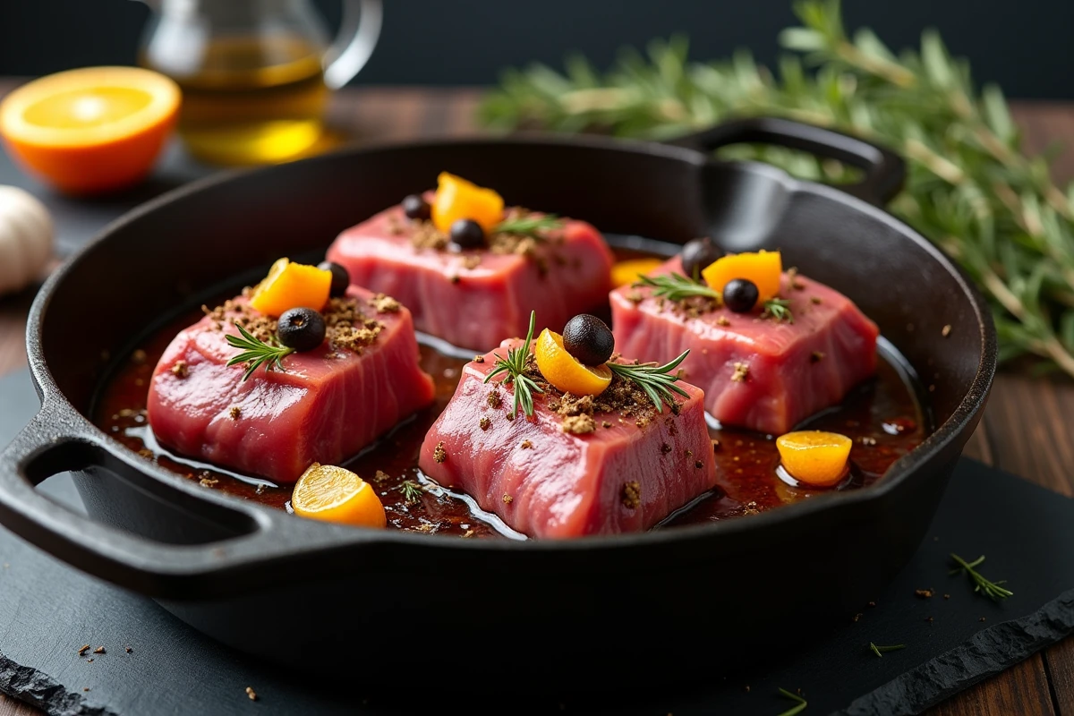 Gros plan sur des morceaux de chevreuil marinés aux épices et herbes aromatiques dans une cocotte en fonte