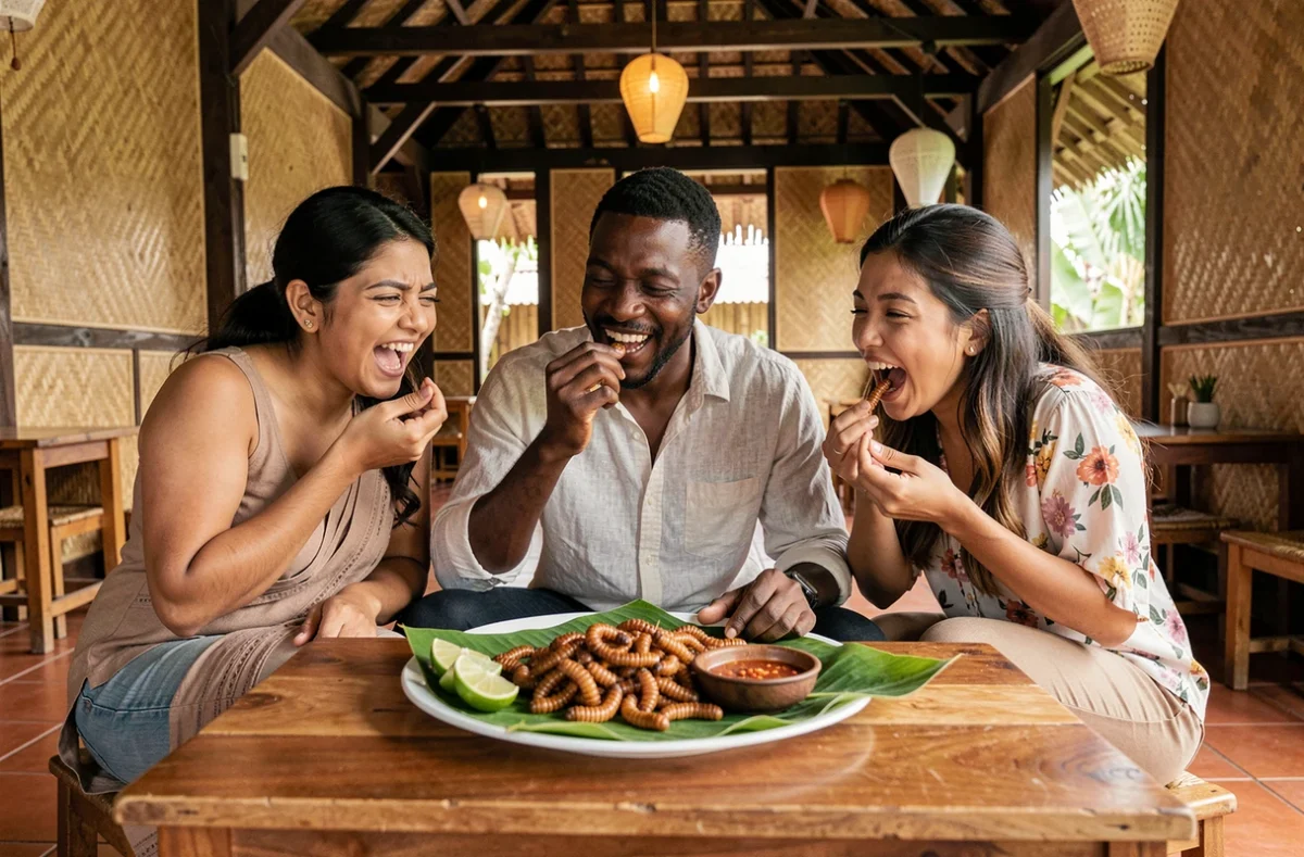 Groupe d'amis découvrant les vers de coco dans un restaurant indonésien traditionnel