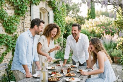 Groupe d'amis partageant un dîner en terrasse en été