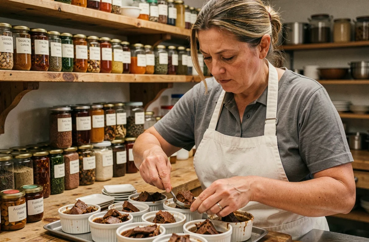 Femme traiteur d'Herreng Traiteur remplissant des ramequins de préparation carnée dans une cuisine artisanale du Nord