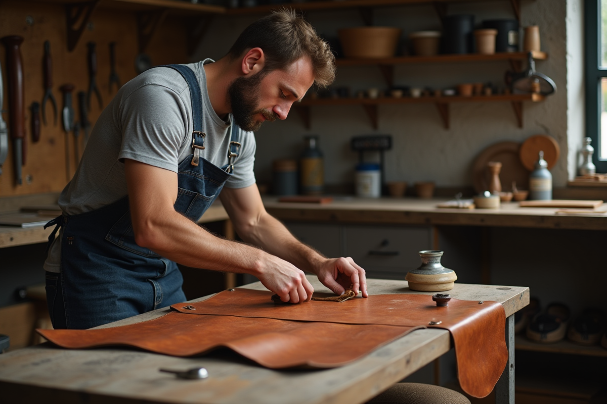 Jeune homme applique un conditionneur sur un tablier en cuir dans l