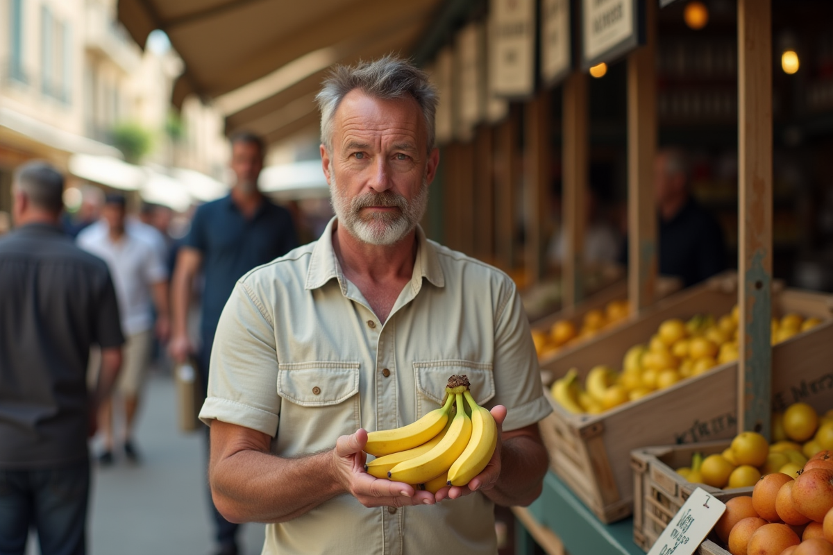 Homme compare bananes bio et non bio au marche en plein air