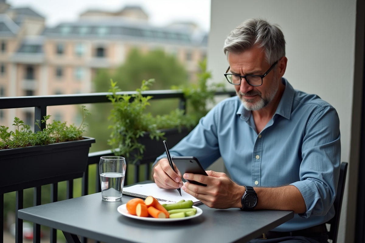 Homme vérifiant son journal alimentaire au café