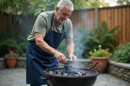 Homme en tablier marine arrangeant du charbon dans un barbecue