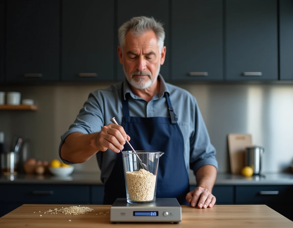 Homme en tablier comparant un cup de mesure transparent à une balance numérique affichant des grammes en cuisine professionnelle
