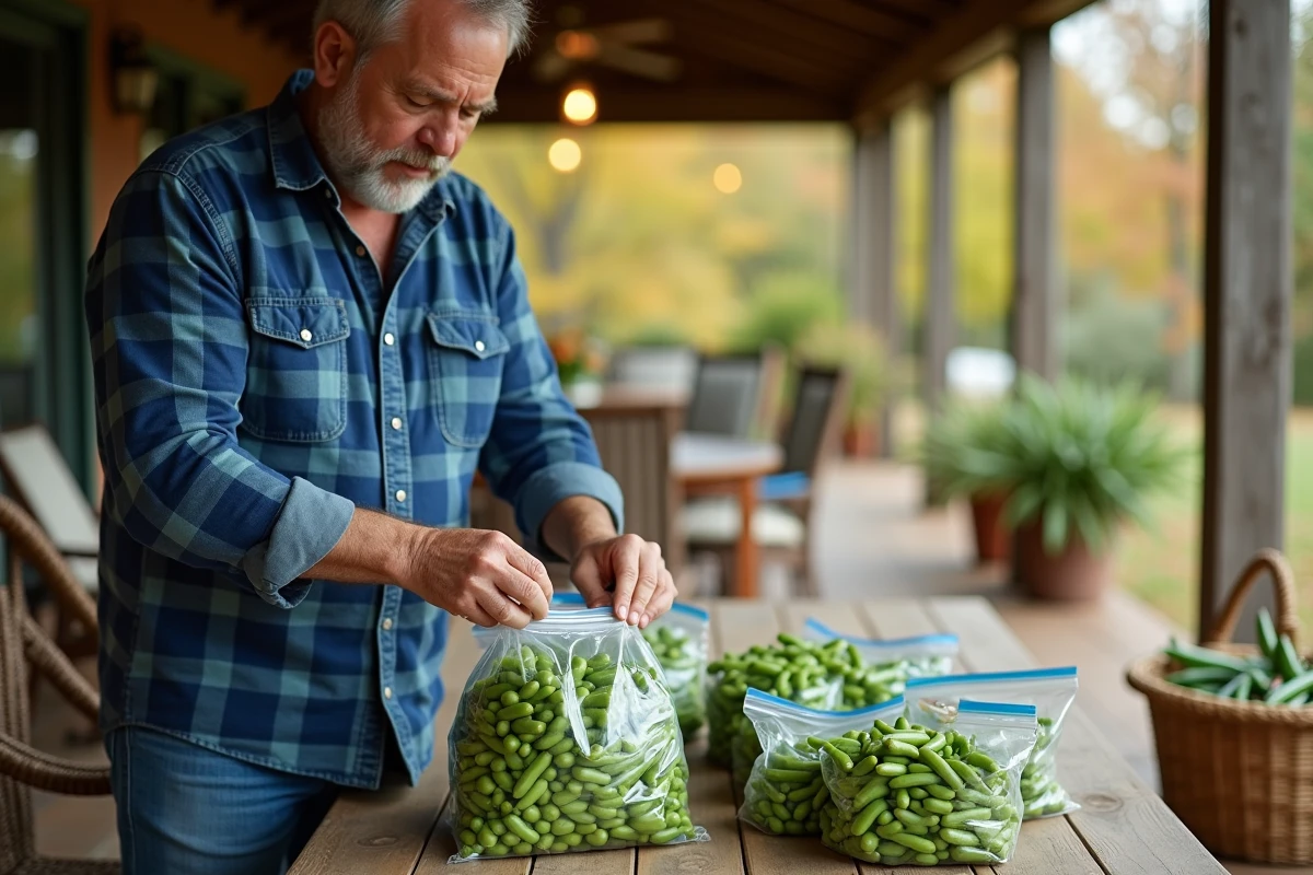 Homme en flanelle vert emballant des haricots dans un patio