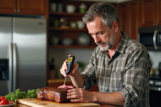 Homme vérifiant la cuisson d'un rôti avec un thermomètre digital