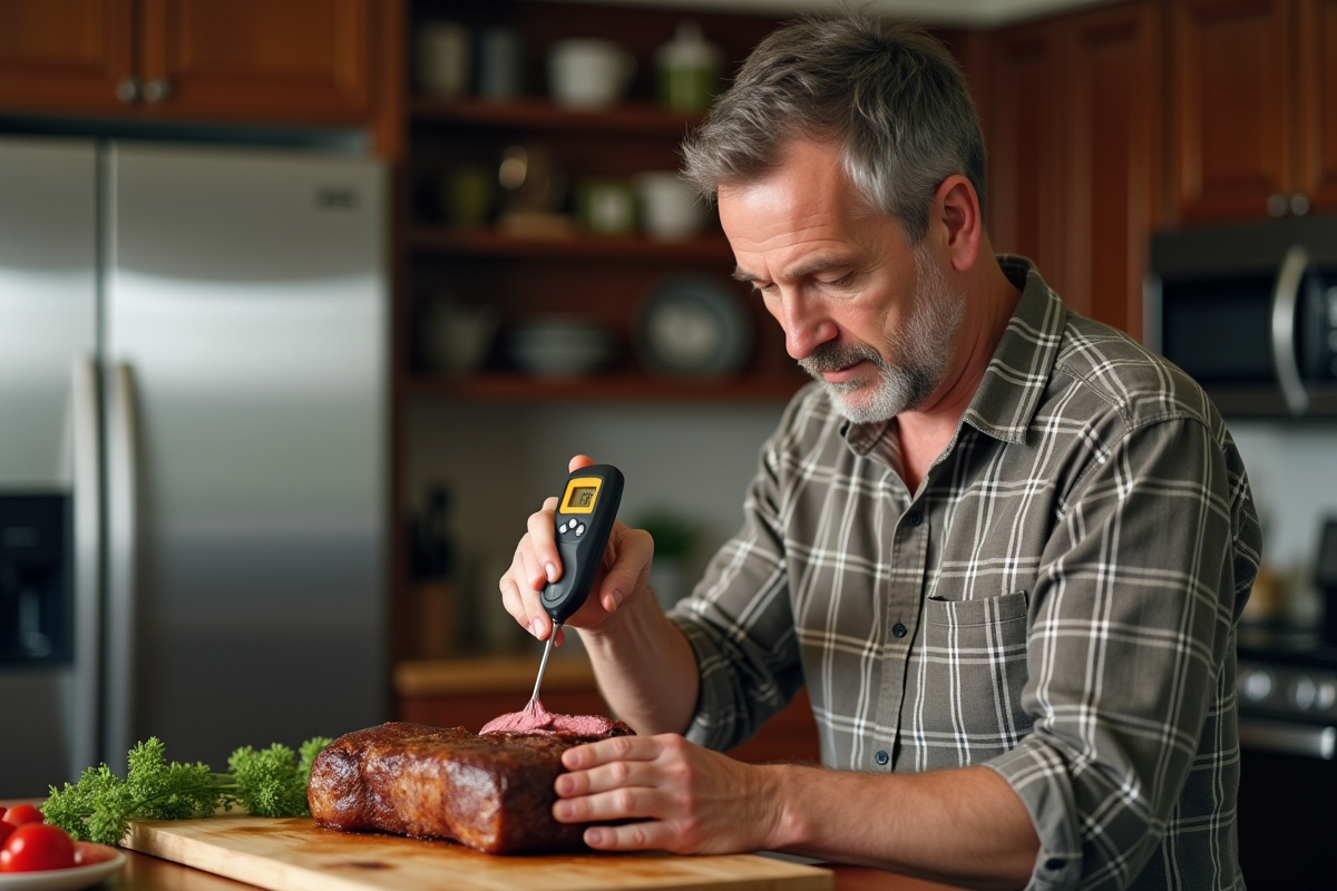 Homme vérifiant la cuisson d'un rôti avec un thermomètre digital