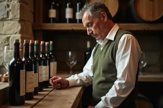 Homme d'âge moyen examinant des bouteilles de vin ancien dans une cave en pierre