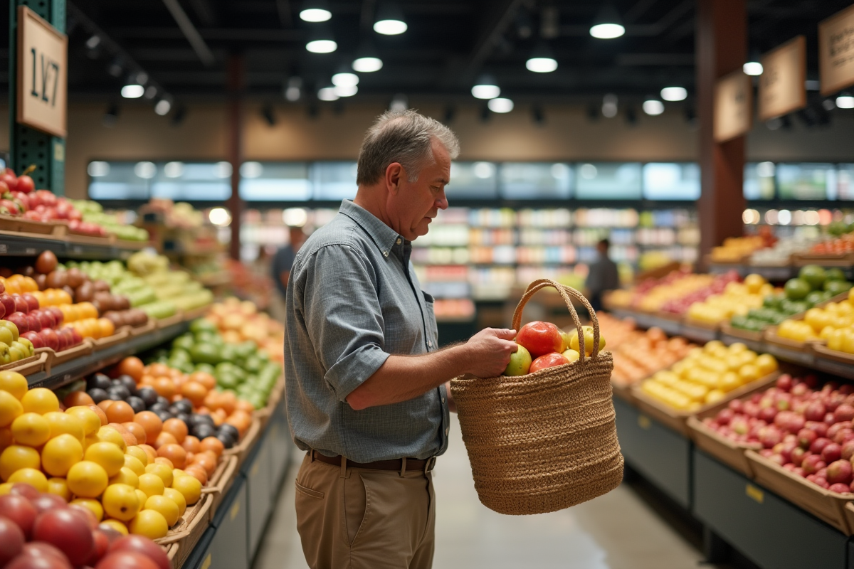 Homme inspectant un panier de fruits dans un supermarche
